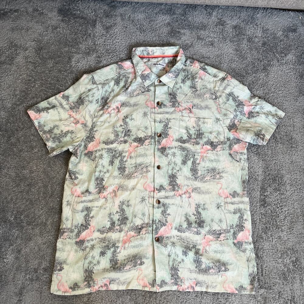 Tommy Bahama Green Flamingo Silk Blend Tropical Hawaiian Camp Shirt Men's Sz XXL